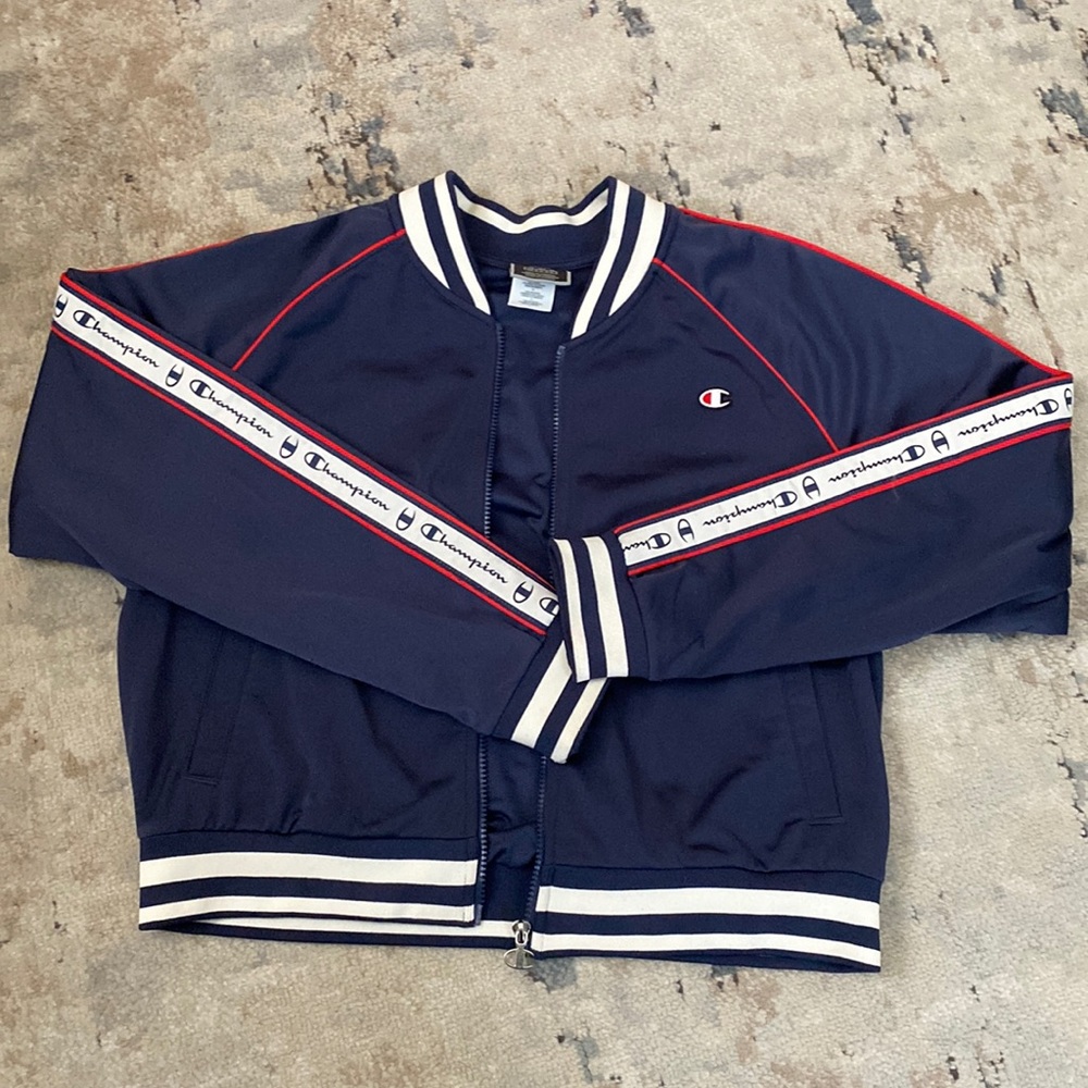 Blue, red and white Champion bomber jacket, size large